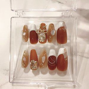 Hand-made french-style brown/white press on nails with dimond,bow and Nacre |wed